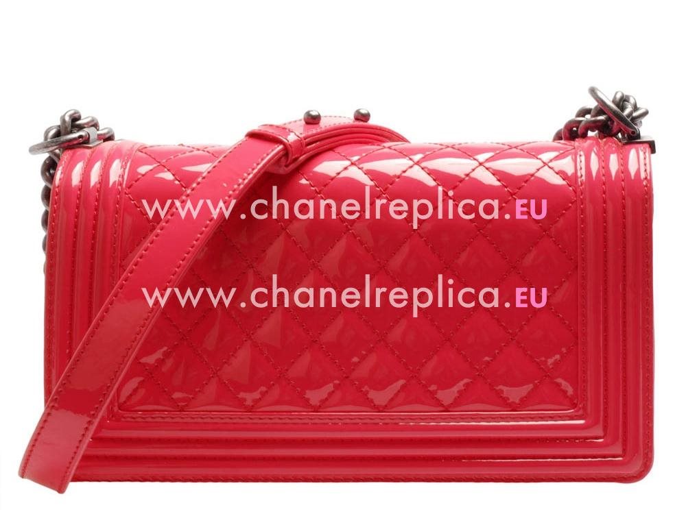 Chanel Patent Lambskin Boy Bag Silver Peack Red A33062