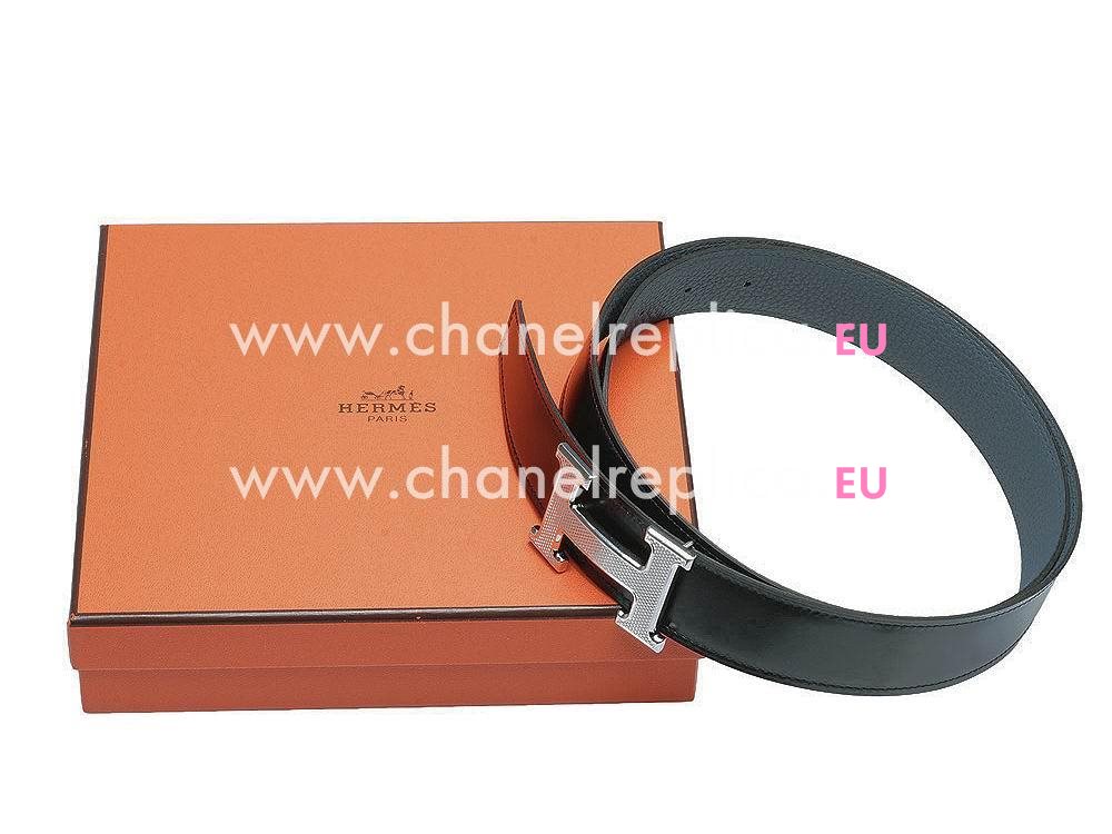 Hermes Gold H Buckle Black Box and Blue Epsom Leather Two-sided Belt H553050