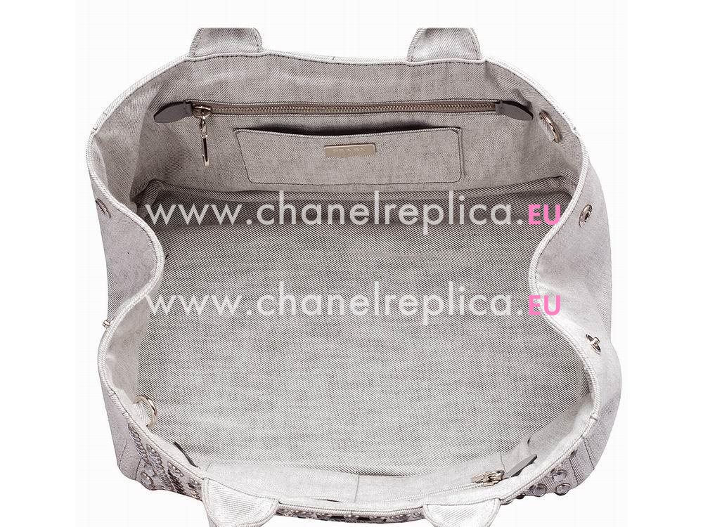 Prada Canapa Stampata Printing Logo Denim Canvas Bag Light Gray PR521217