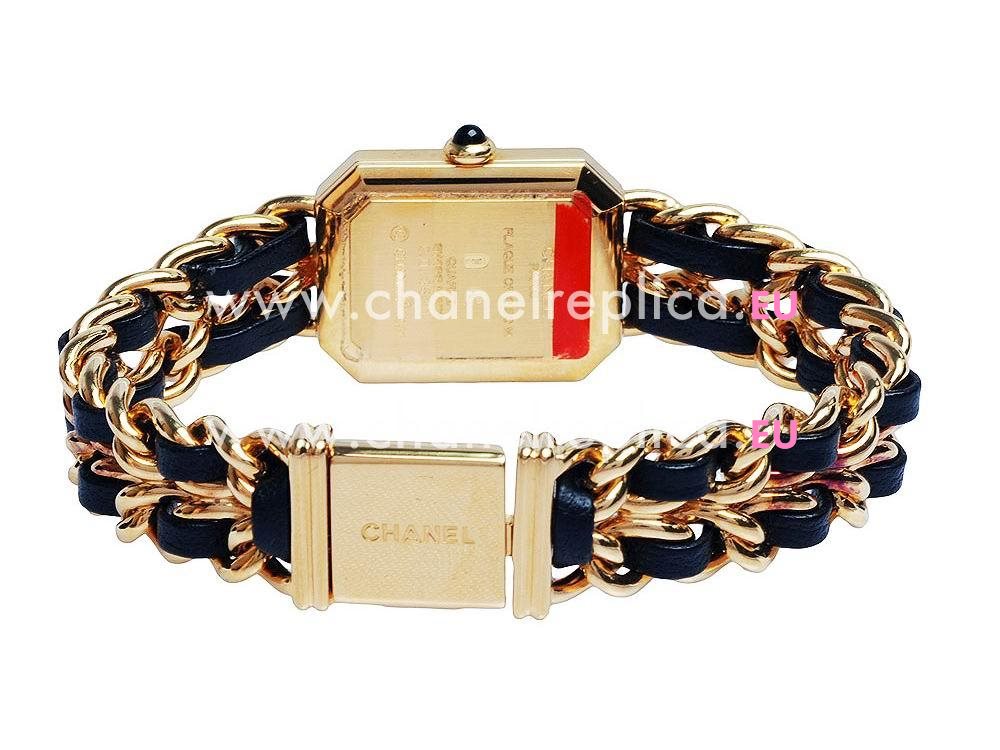 Chanel Premiere 18K Gold and Leather Chain Watch Black/Gold H0001