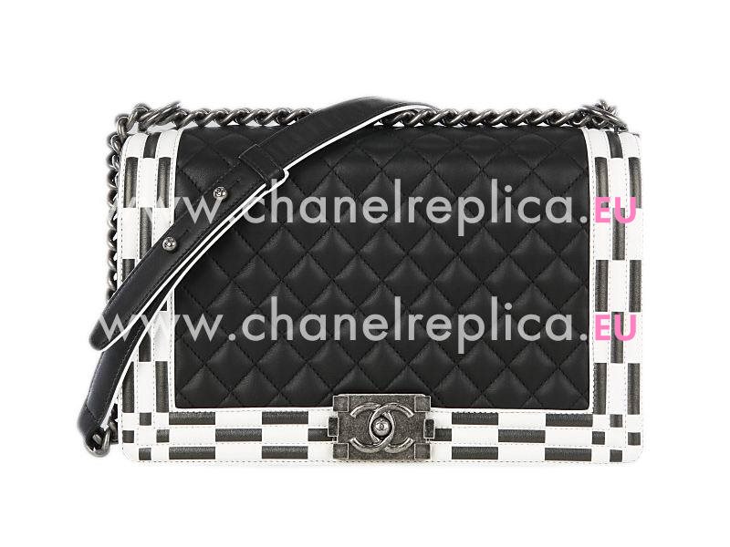 Chanel Hounds-tooth Calfskin Anti-silver Chain 25cm Boy Bag Black A92203