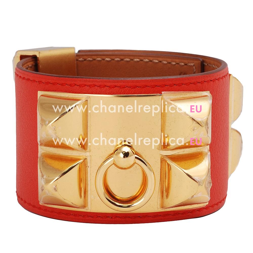Hermes Goat Skin Collier De Chien Rivets of Metal Bracelet Orange Red/Gold HC41174