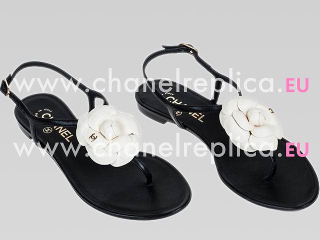 Chanel Golden CC White Camellia Sandals In Black CH44392