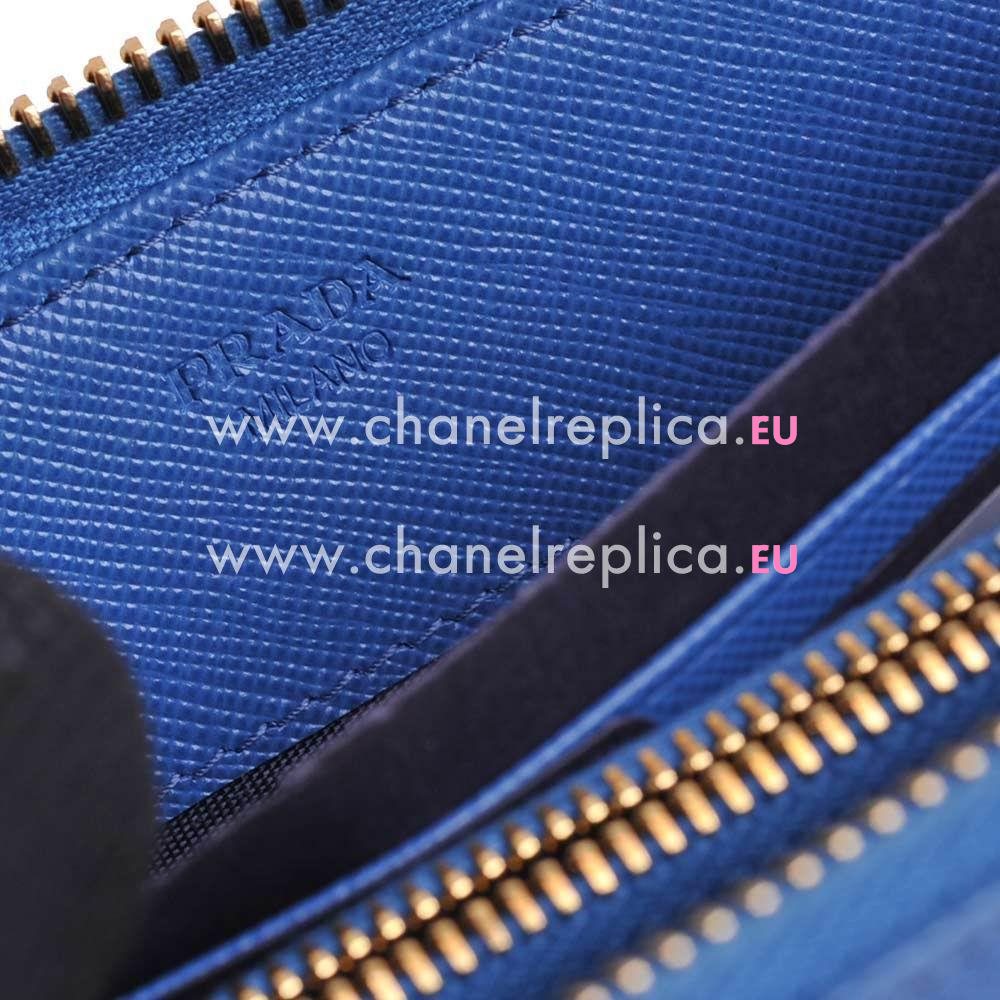 Prada Saffiano Triang Triangle Logo Cowhide Zipper Wallet In Blue PR61017027