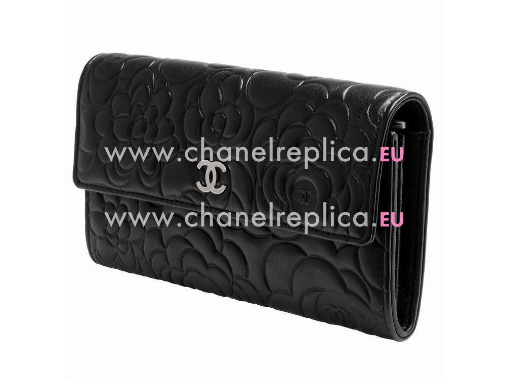 Chanel Lambskin Camellia Silver CC Long Wallet Black C89989