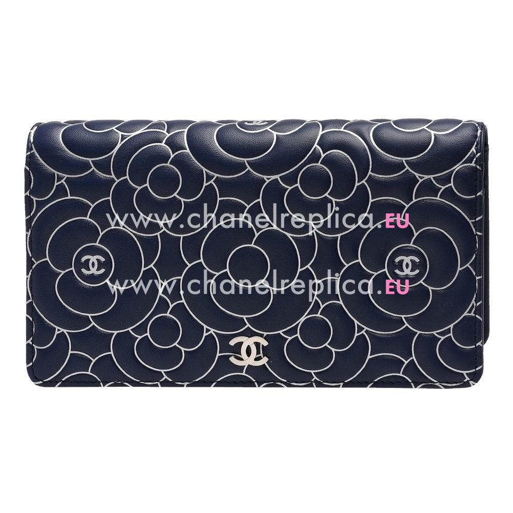 Chanel Classic CC Logo Camellia Calfskin Wallet Blue/Silvery C6112107
