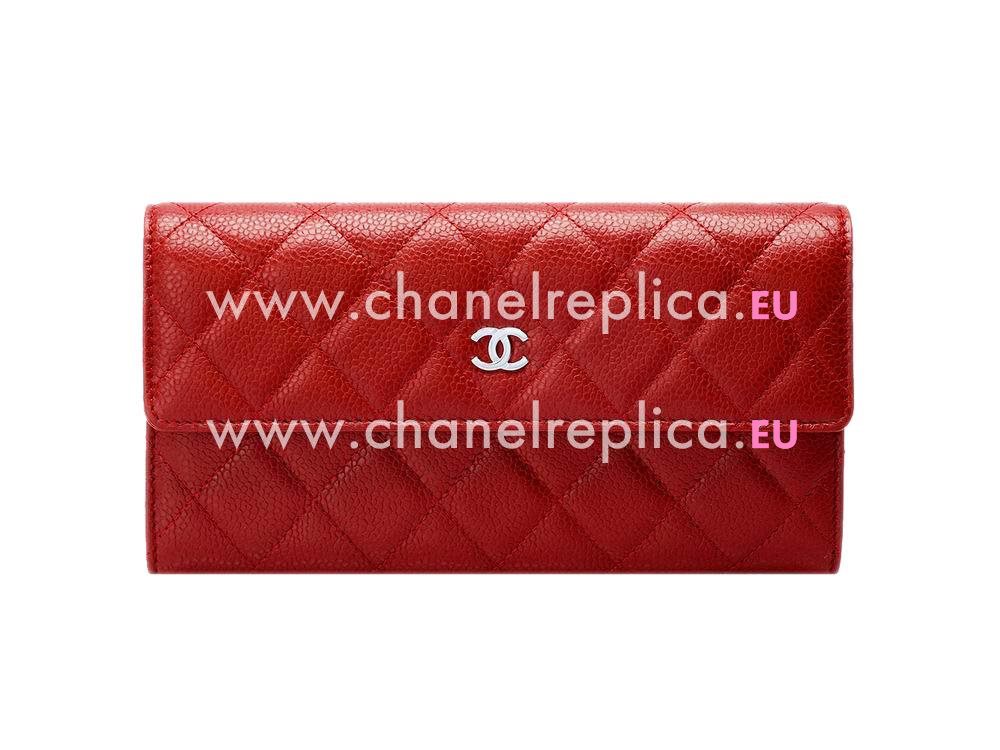 Chanel Caviar Silver CC Long Wallet In Red A51877
