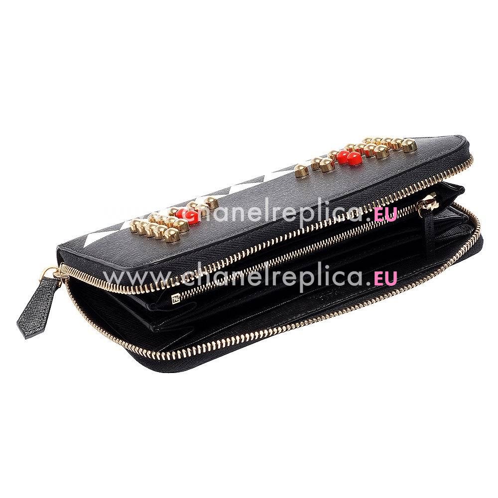 FENDI Classic Sawtooth Cowhide Leather Wallets Black F1548736