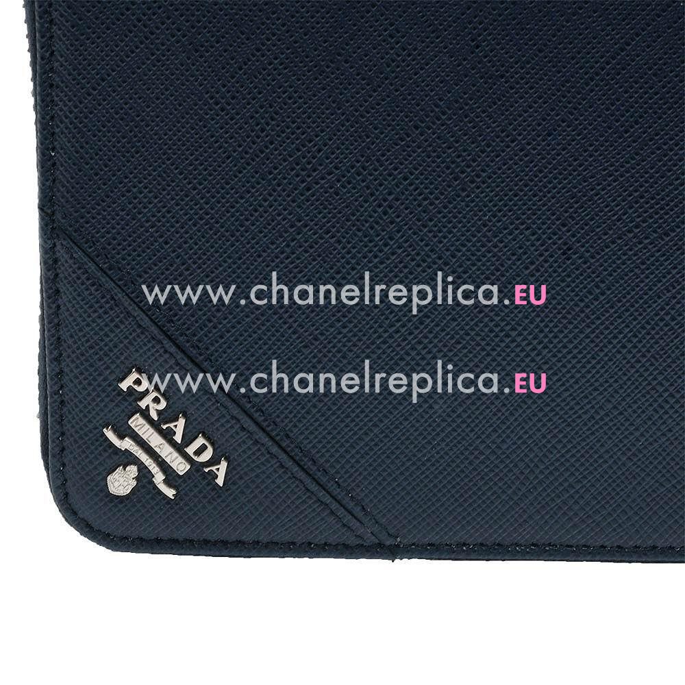 Prada Saffiano Metal Embossment Logo Cowhide Zipper Wallet In Deep Blue PR61017019