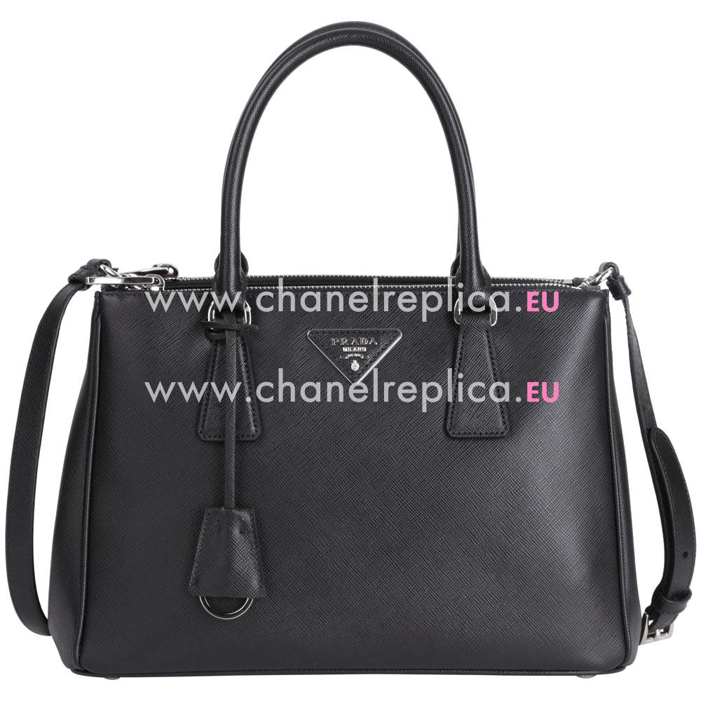 Prada Saffiano Lux Silver Triangle Logo Medium Bag Black PBN1808