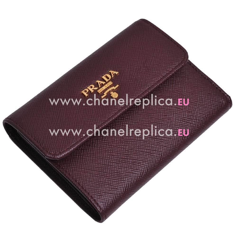 Prada Saffiano Gold Embossment Logo Cowhide Loose Change Wallet In Deep Burgundy PR61017038