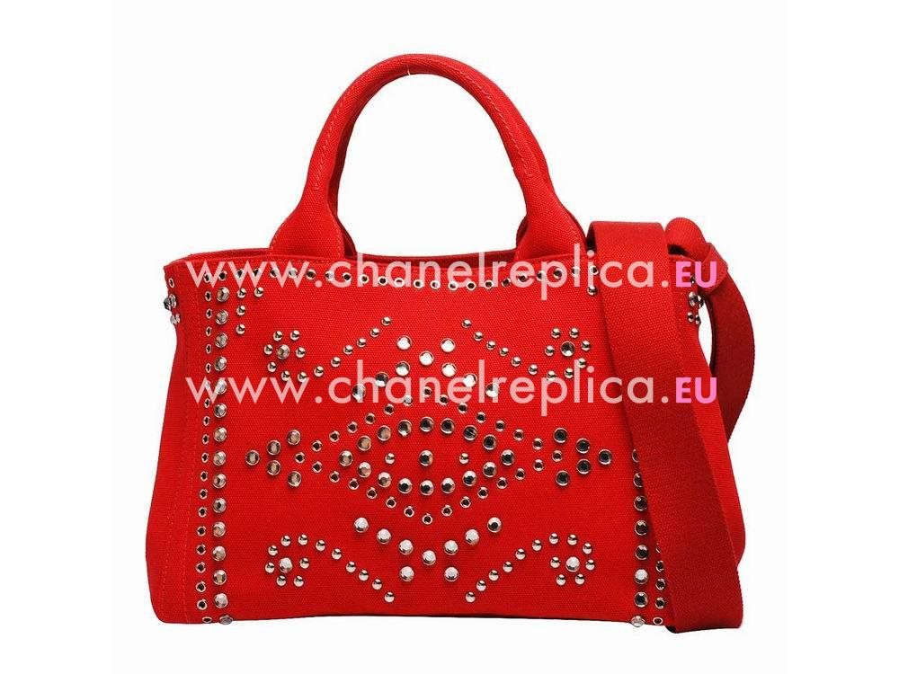 Prada Canapa Emboss Logo Denim Shoulder Bag Rose Red BN57339