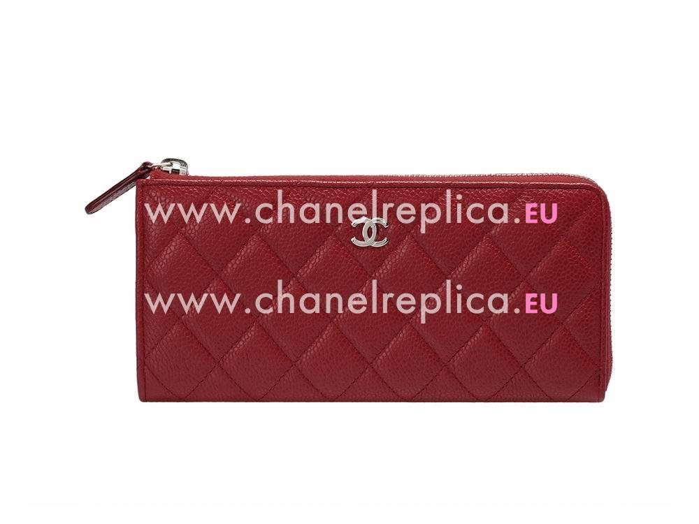 Chanel Caviar Silver CC L Wallet In Red C51818