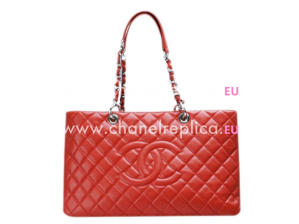 CHANEL Caviar Large Grand Shopper Tote Bag Red(Silver) A548285