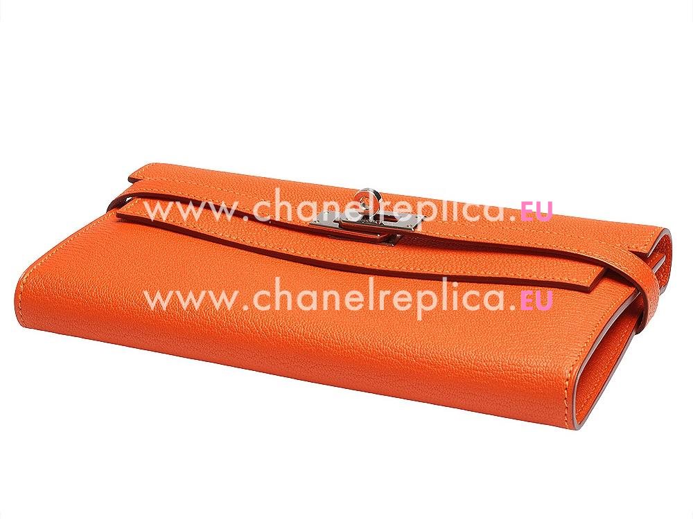 Hermes Kelly Epsom Leather Long Wallet Silvery Hardware Orange H58778