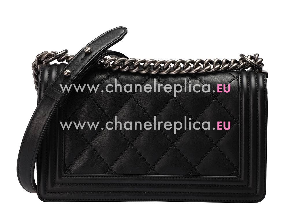 Chanel Lambskin Big Quited Antique-Silver Boy Bag Black A490096