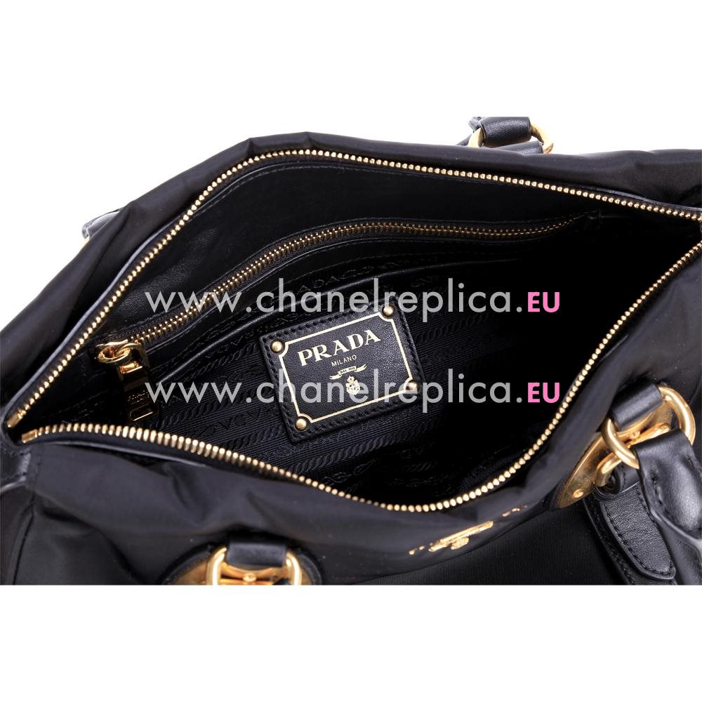 Prada Nylon Double metal Logo Large Bag In Black PR093D48