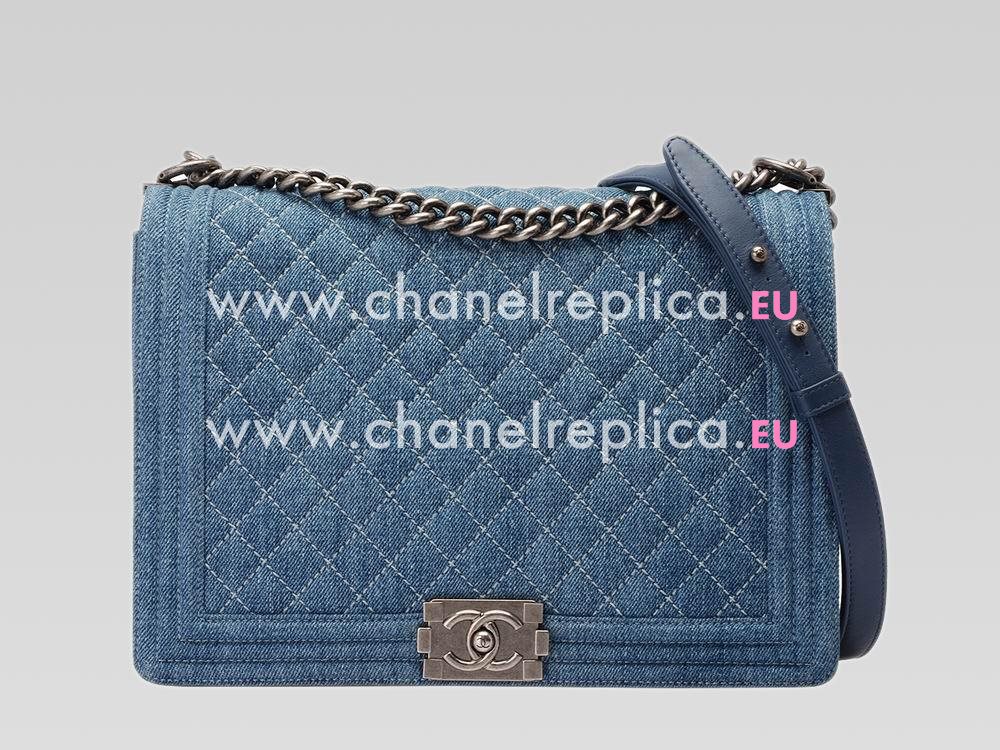 Chanel Denim/Calfskin Antique-Silver Chain 30cm Boy Bag Blue A47584