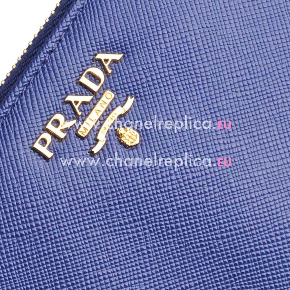 Prada Saffiano Gold Embossment Logo Cowhide Zipper Wallet In Blue PR61017036