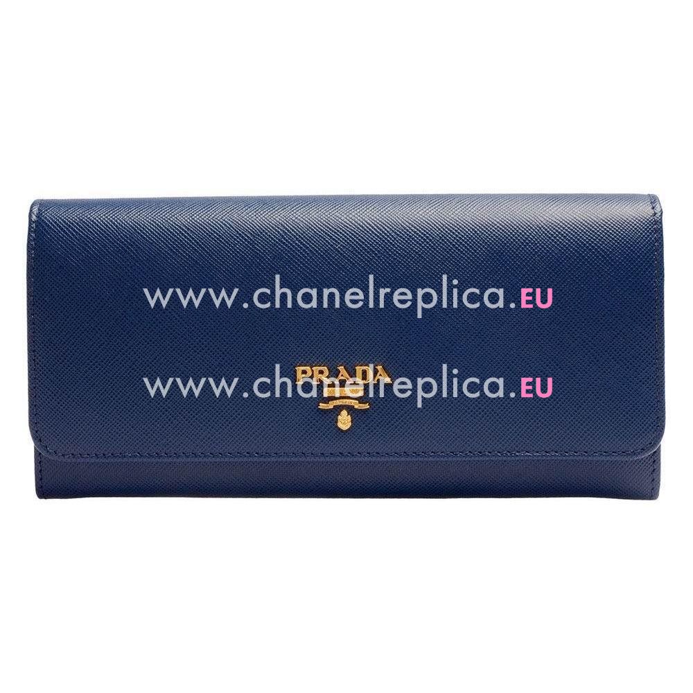 Prada Saffiano Gold Embossment Logo Cowhide Wallet In Deep Blue PR5974259