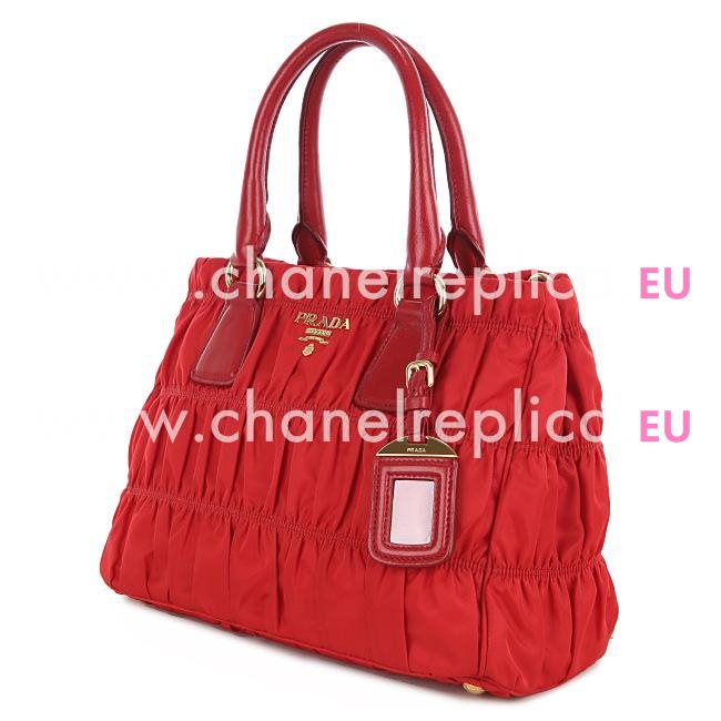 Prada Gaufre Ruffled Nylon Gold Logo Handbag In Red PBR4962