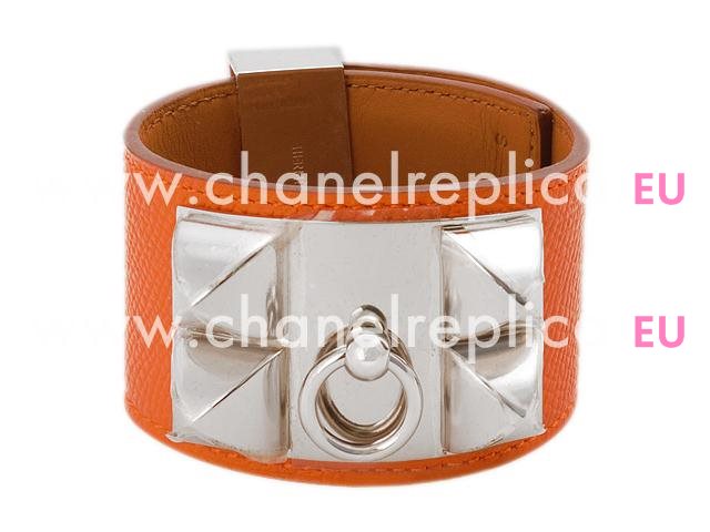 Hermes Goat Skin Collier De Chien Rivets of Metal Bracelet Orange&Silver HE56969