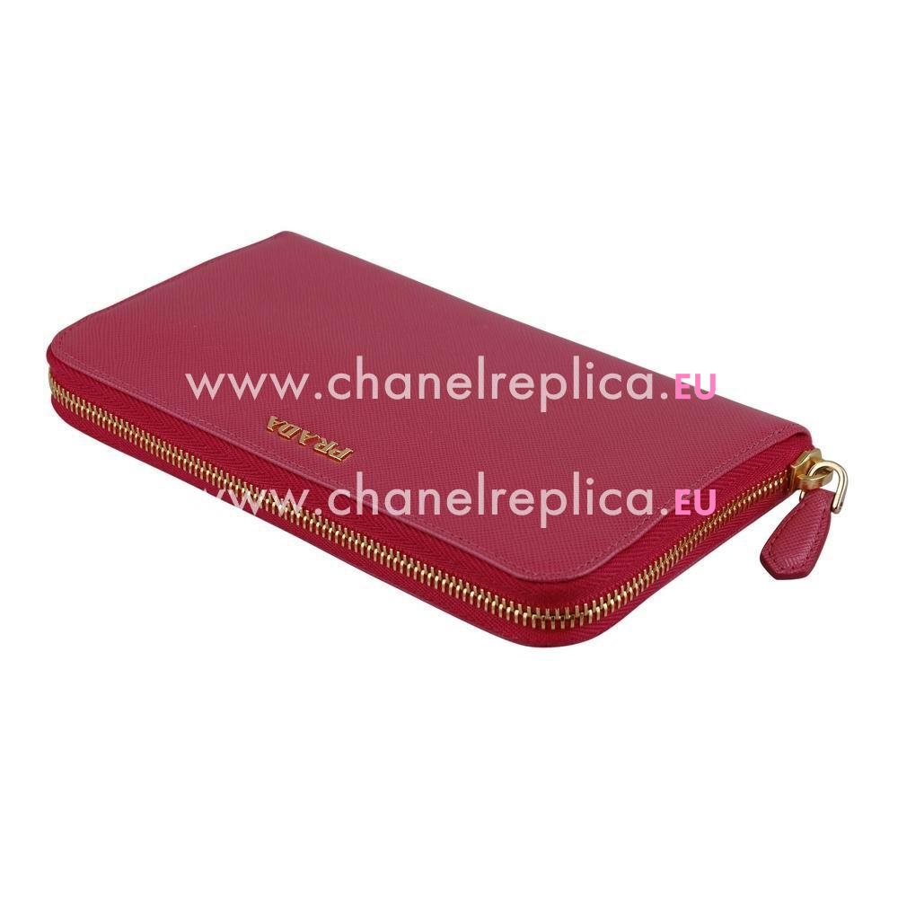 Prada Saffiano Classic Gold Embossment Logo Cowhide Zipper Wallet In Deep Pink PR61018014