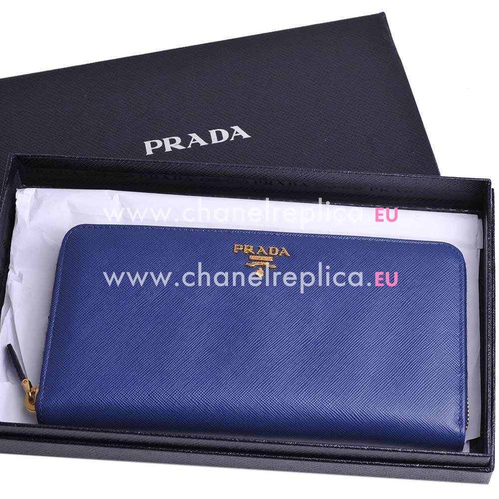 Prada Saffiano Gold Embossment Logo Cowhide Zipper Wallet In Blue PR61017036