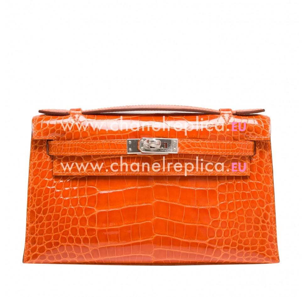 Hermes Orange H Shiny Alligator Mini Kelly Pochette clutch Palladium Hardware HK1022SAM