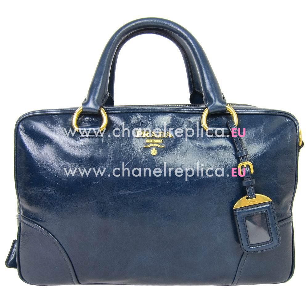 Prada Vitello Shine Relievo Logo Calfskin Boston handbag Blue PR4862462
