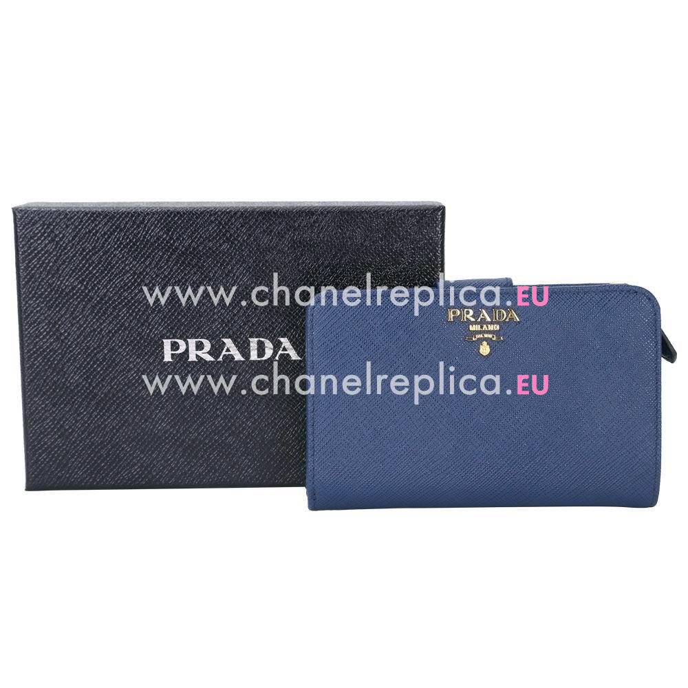 Prada Saffiano Embossment Logo Cowhide Zipper Wallet In Blue PR61017034