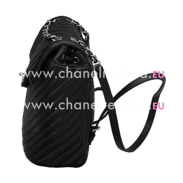 Chanel Black Calfskin Chevron Silver Chain Backpack A91121C-BLACK