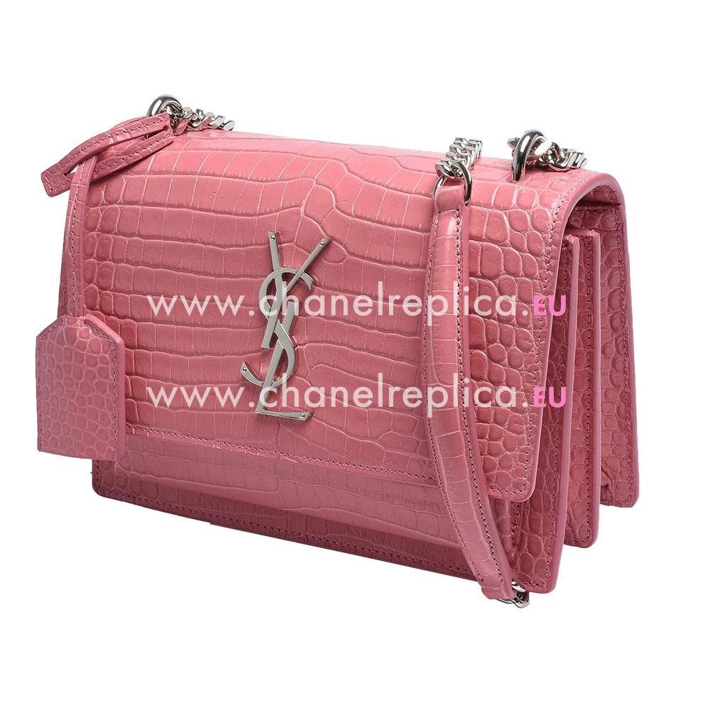 Yves Saint Laurent Silver Logo Crocodile Shoulder Bag Pink YV947158