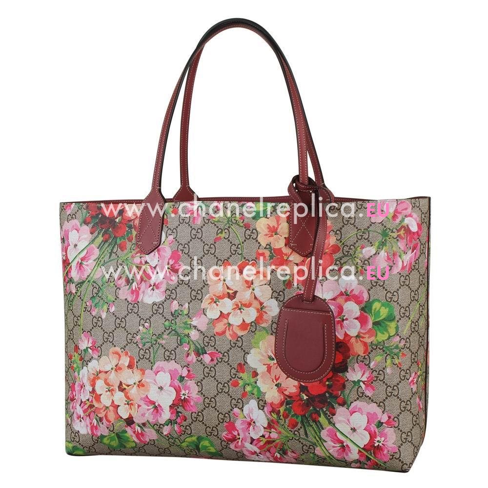 Gucci Blooms GG Supreme Calfskin Flower Handle Bag In Coffee Purple Red G595273
