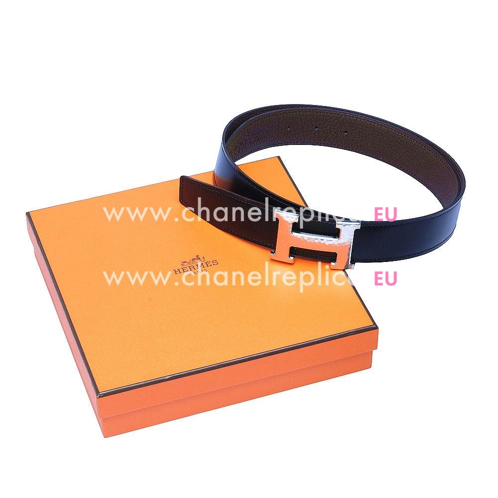 Hermes Silver H Buckle Choclate Black Calfskin Two-sided Belt H56N66