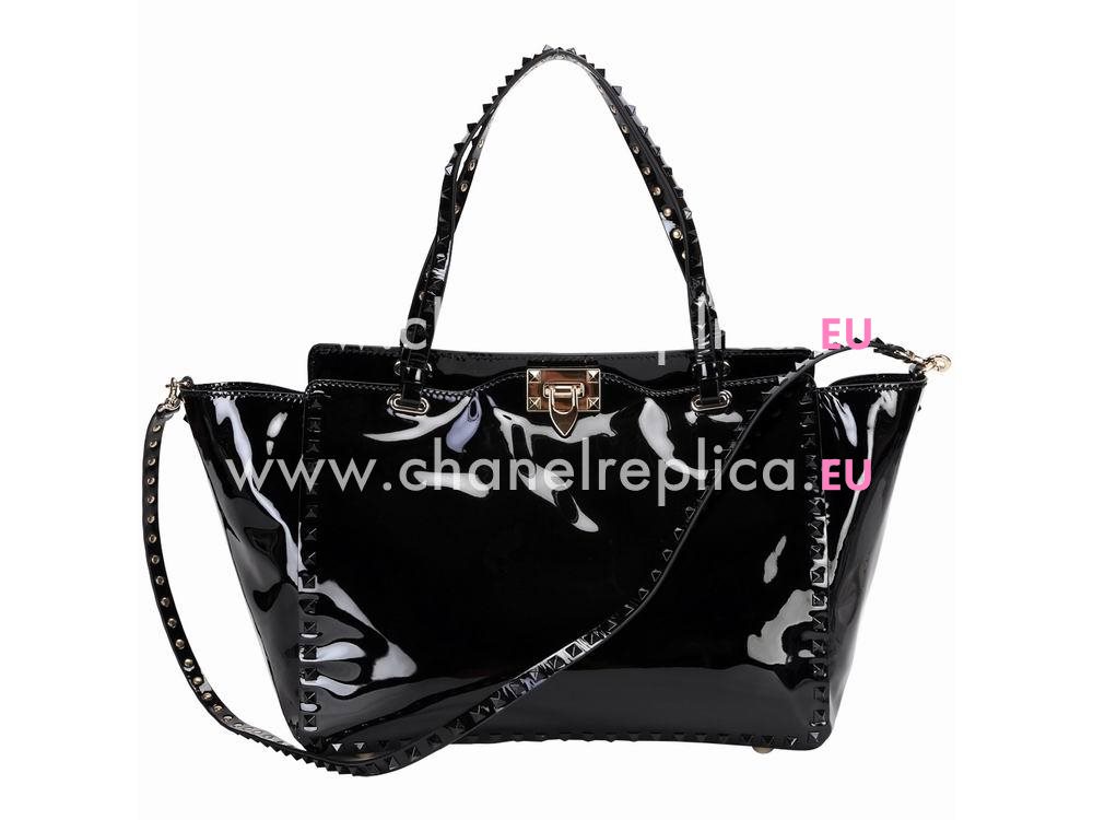Valentino Rockstud Patent Medium Handbag Black VA53536