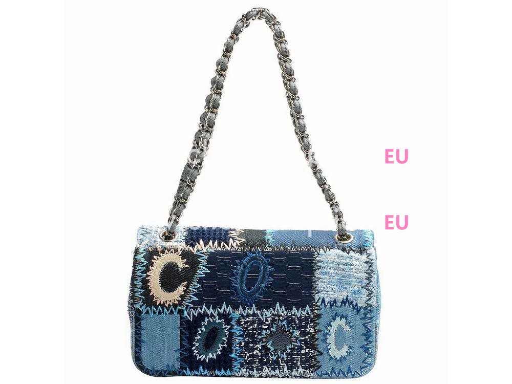 Chanel Denim Patchwork Flap Bag With Silver Chain (blue) A65468