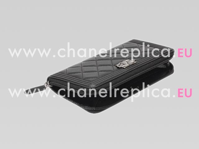 Chanel Boy Lambskin Antique-Silver Zipper Wallet Black A40038