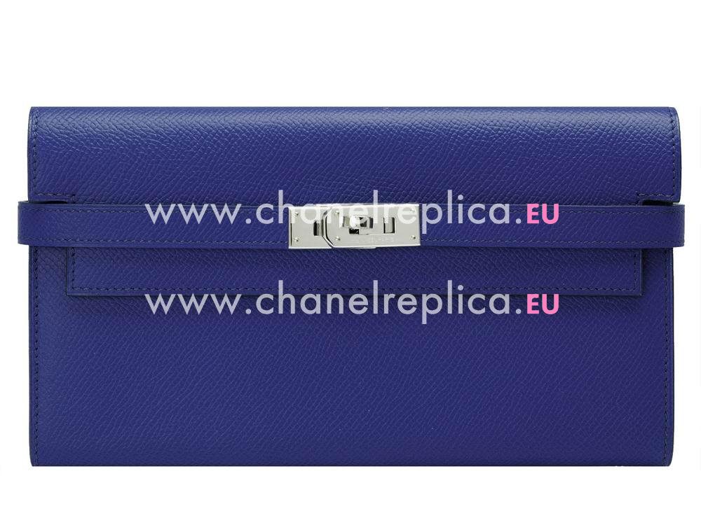 Hermes Kelly Epsom Leather Long Wallet Silvery Hardware Electricity Blue H273D1