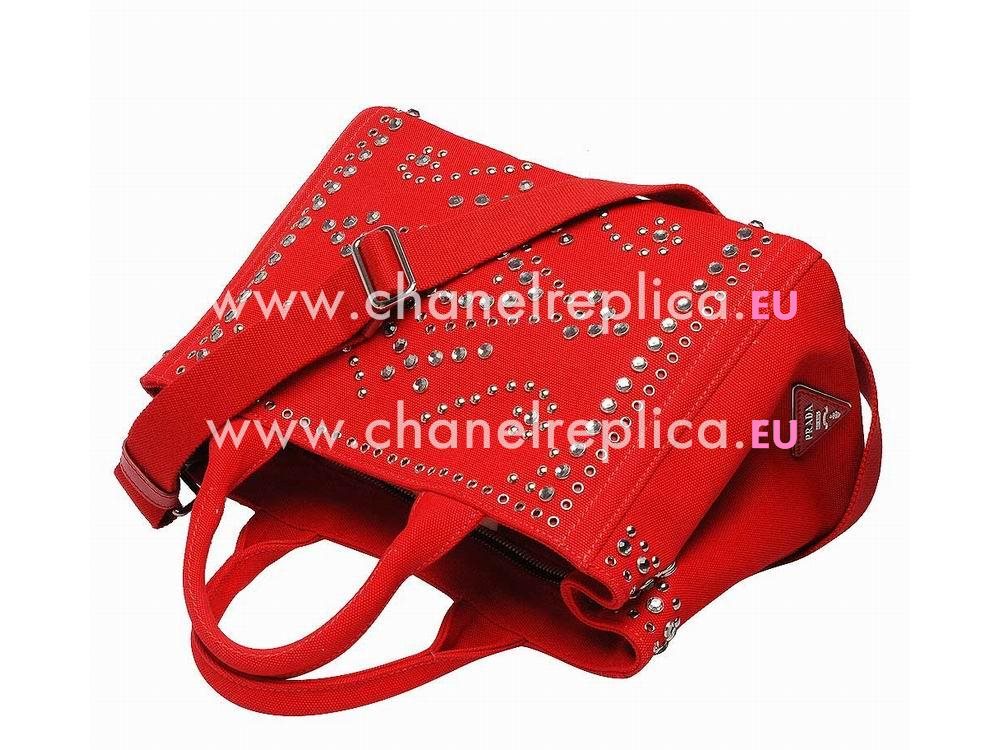 Prada Canapa Emboss Logo Denim Shoulder Bag Rose Red BN57339