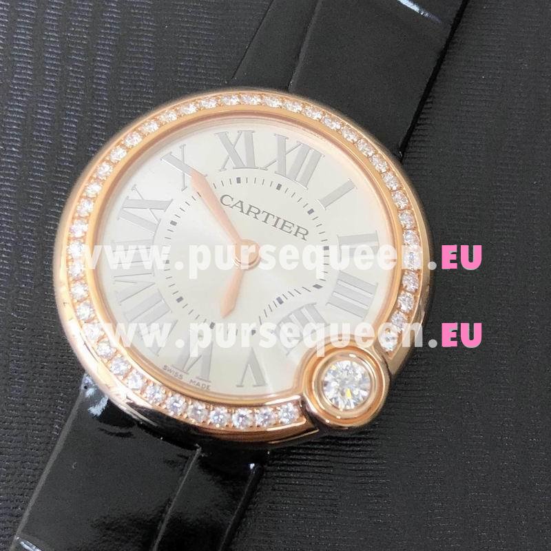 Cartier Ballon Blanc De Cartier Rose Gold/Diamond Case Black Crocodile Strap Watch WJBL0005