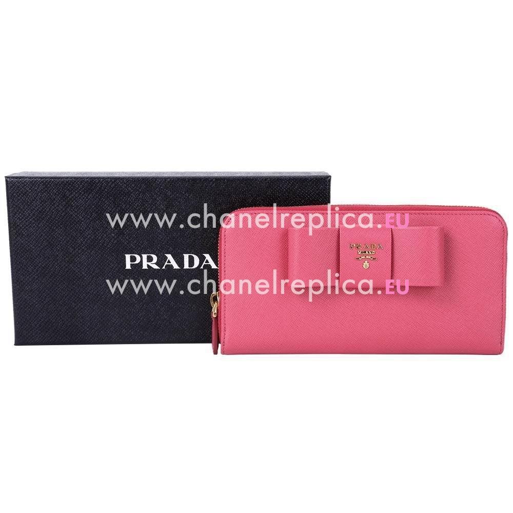 Prada Saffiano Fiocco Embossment Logo Cowhide Zipper Wallet In Peach PR61017015