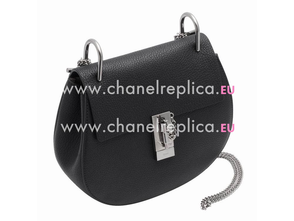 Chloe Drew Grain Leather Silver Chain Medium Bag Black CH982801