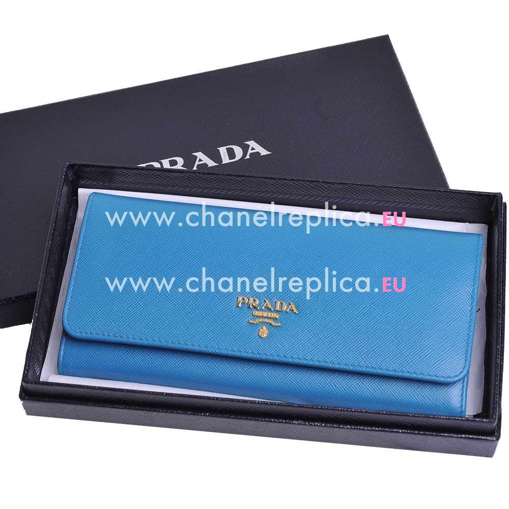 Prada Saffiano Fiocco Embossment Logo Cowhide Wallet In Blue PR61017025