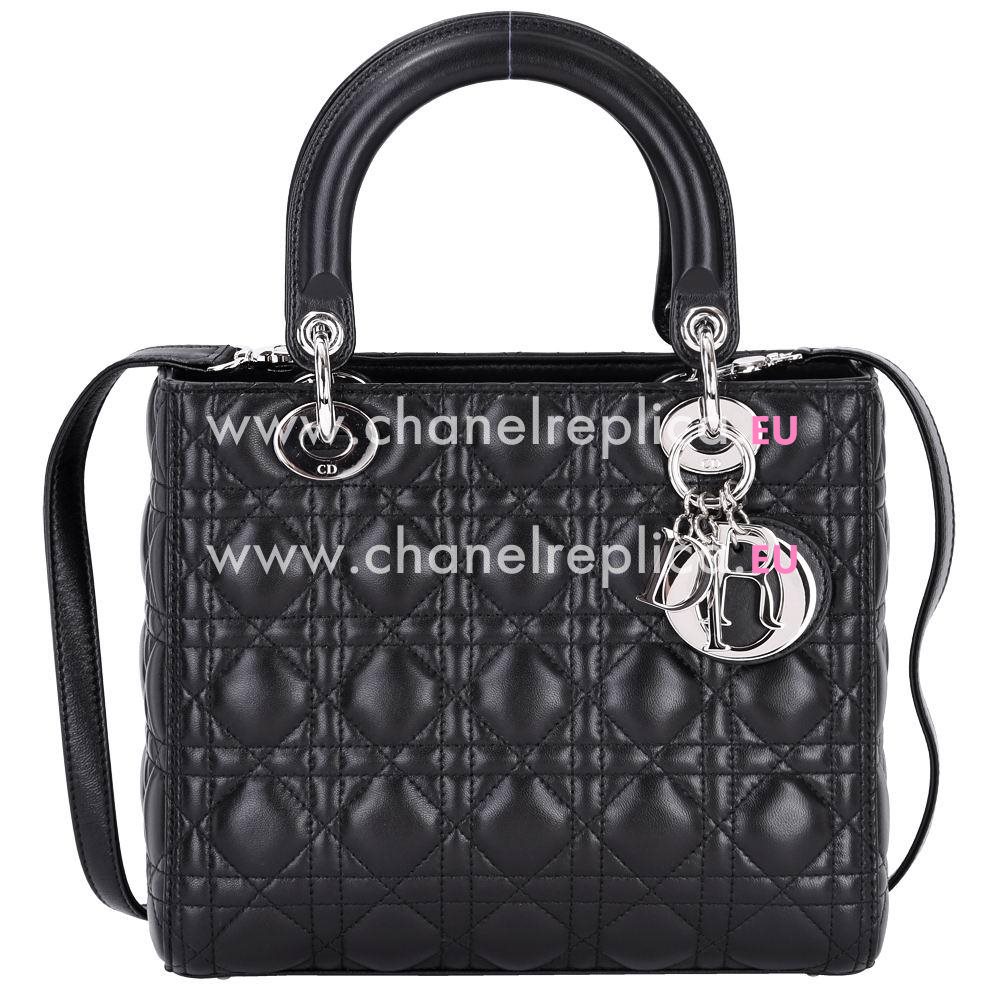 Christian Dior Lady Dior Lambskin Medium Bag Black Silver Hardware D6C8717