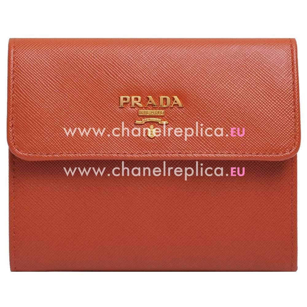 Prada Saffiano Metal Embossment Logo Cowhide Zipper Loose Change Wallet In Orange PR61017017