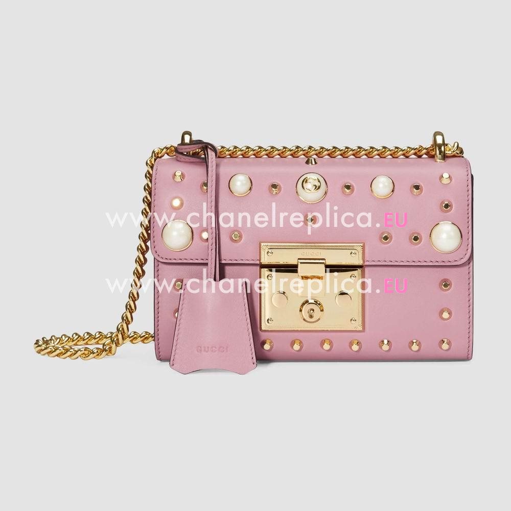 Gucci Padlock Glass pearl rivet GG Leather Shoulder Bag Pink G432182 DLXDG 5867