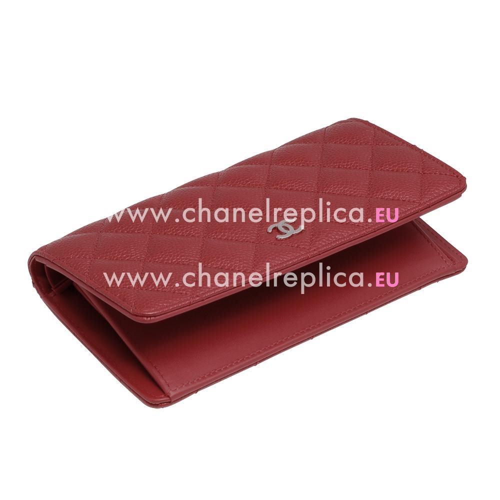 Chanel Caviar Silver CC Long Wallet In Red C56564