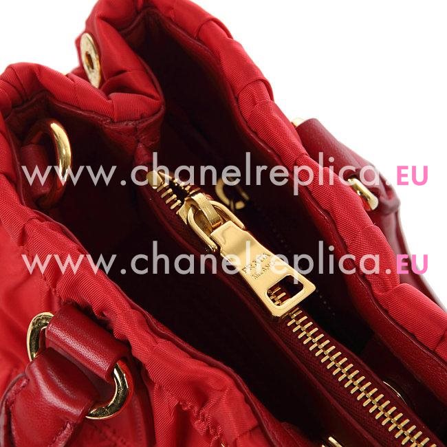 Prada Gaufre Ruffled Nylon Gold Logo Handbag In Red PBR4962