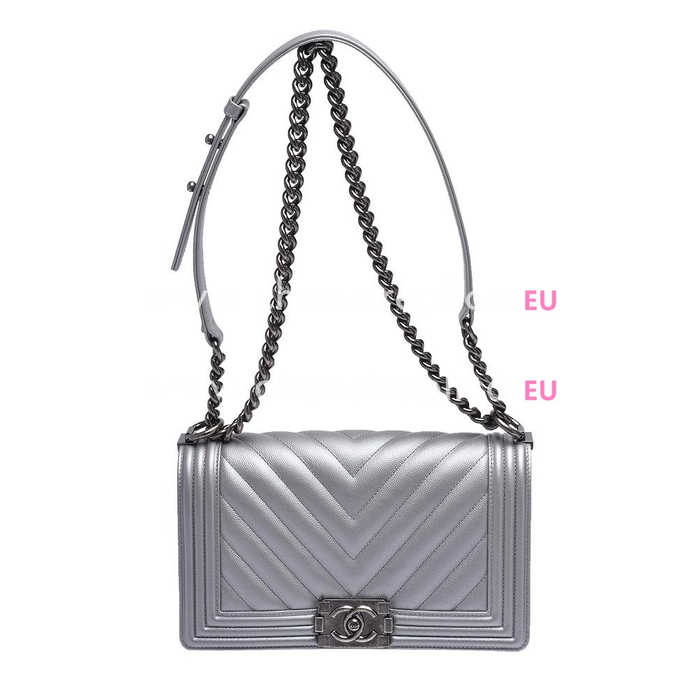 Chanel Caviar Chevron Leboy Bag Anti-Silver Chain Silvery A90789